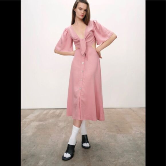 NEW ZARA Y2K boho pink cut out tied front Short sleeves buttons midi dress M - Picture 1 of 13
